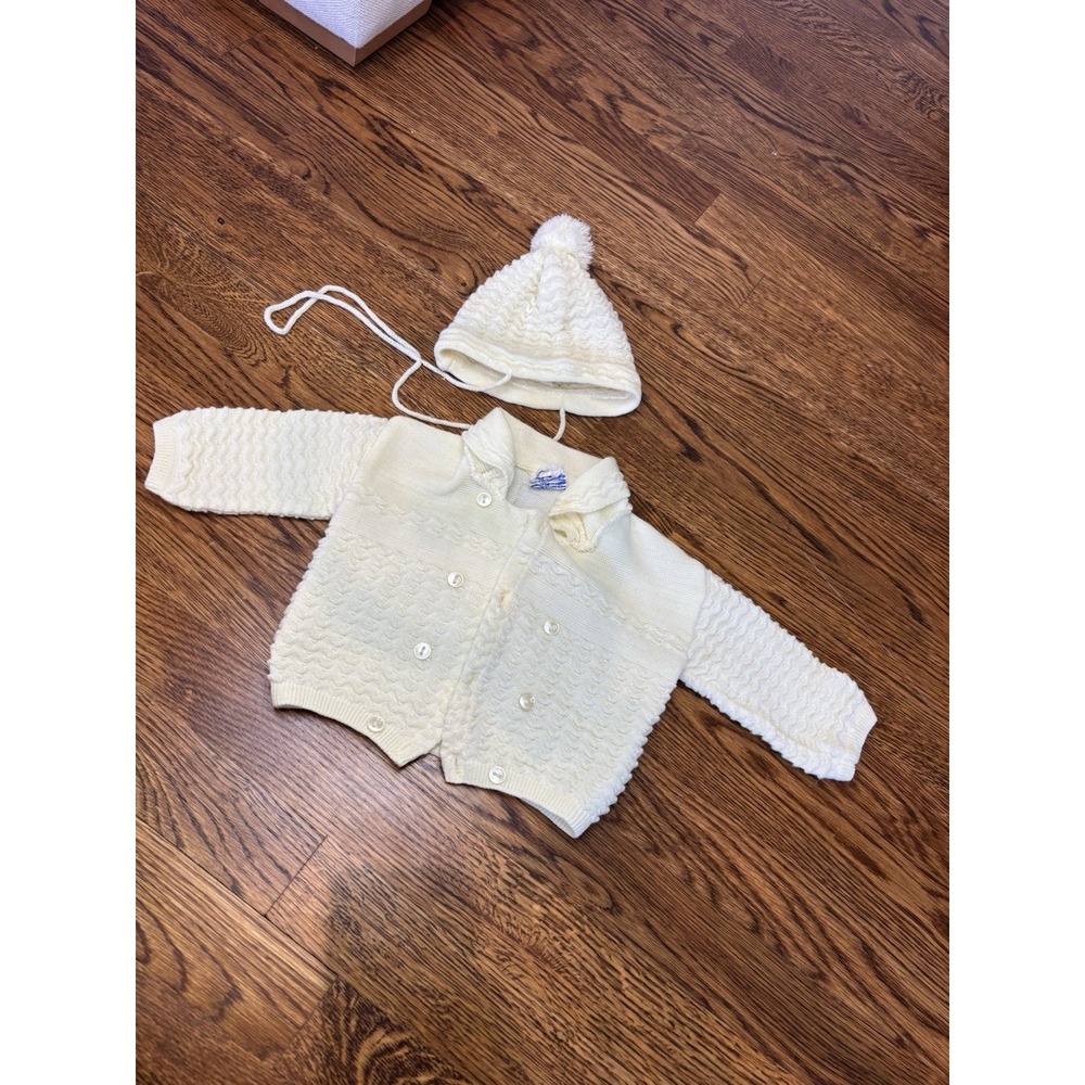Vintage‎ Baby 3-6 Months Yellow Bubble Cardigan Beanie Hat Made Portugal EUC